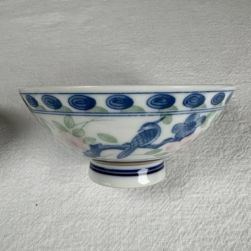 Vintage Asian Porcelain Rice Bowls Set of 2 Blue Bird Floral Footed Bowls
